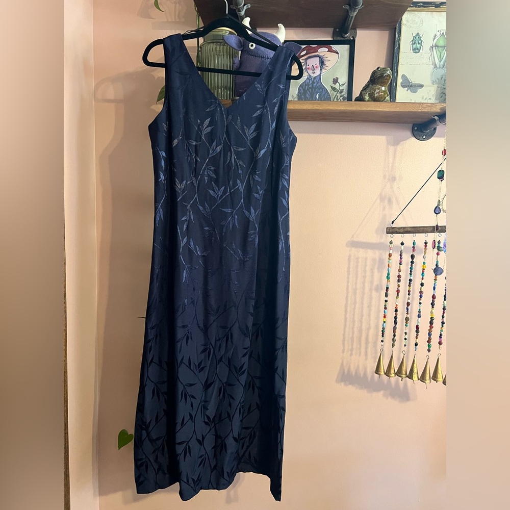 Vintage Dark Blue Leaf Pattern Maxi Dress